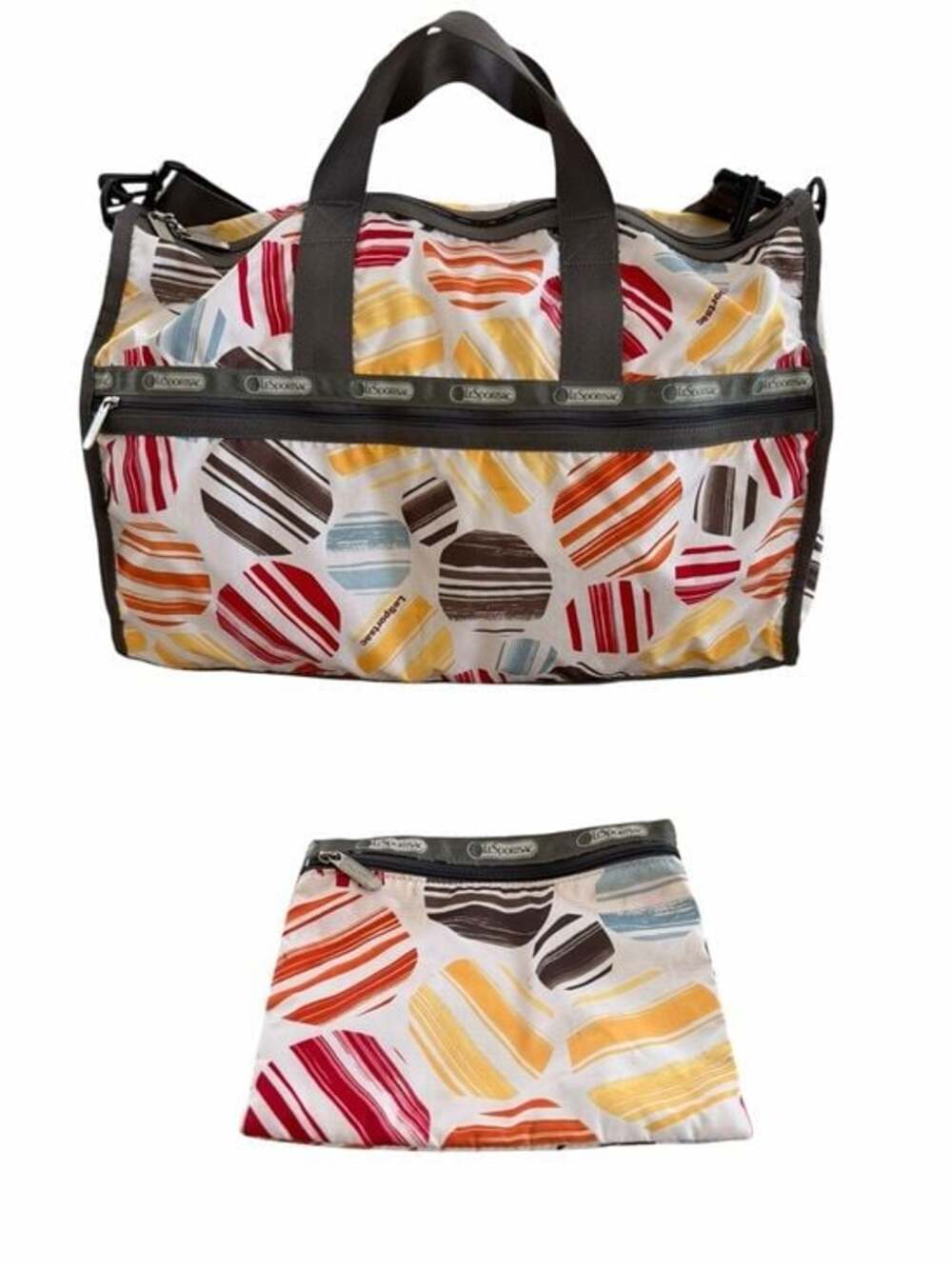 LeSportsac Vintage Weekender Duffle Bag + Pouch — Striped Print — Gray Trim